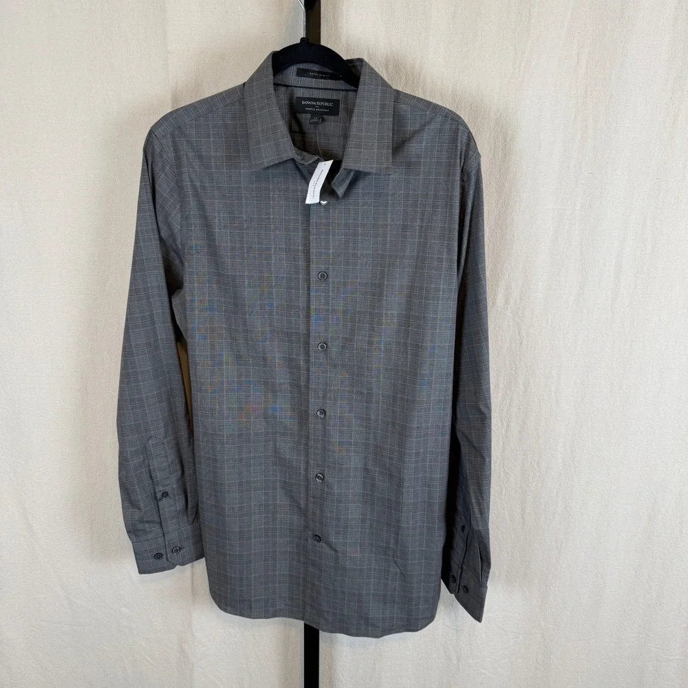 New Banana Republic Mens Extra Slim Fit Wrinkle Resistant Plaid Shirt Grey Med